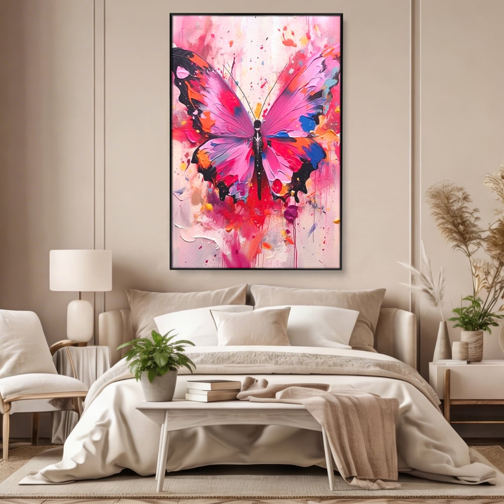 Tablou canvas cu pictura digitala cu fluture roz, in rama de aluminiu negru, pe perete intr-un dormitor
